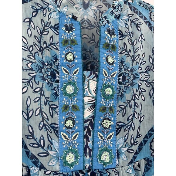Soft Surroundings Oasis Tunic Embroidered Floral Blouse Blue Sheer XSMALL EUC - Picture 2 of 14